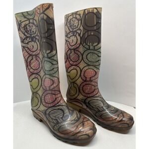 Coach Womans Poppy Rubber Rain Boots Classic C Clear Multi Color Pull On Size 5